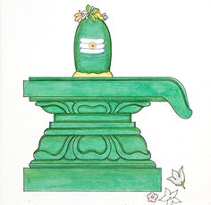 a drawing of a green vase on top of a pedestal with flowers in the corner