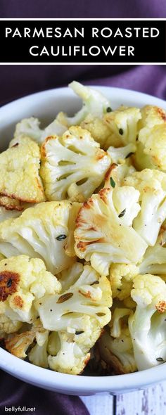 roasted cauliflower in a white bowl with text overlay