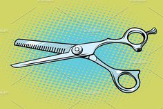 a pair of scissors on a green background with halftone dots in the style of pop art