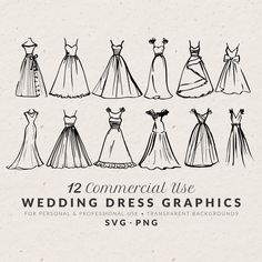 wedding dress graphics for photoshopped and hand drawn, with the text 12 commercial use