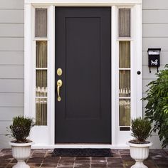 a black front door with two white planters