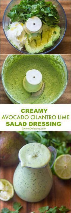 two pictures showing the process of making creamy avocado cilantro lime salad dressing