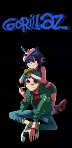 two people sitting next to each other with the word gorillaz in blue above them