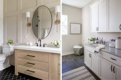 two pictures of a bathroom with white cabinets and gray tile flooring, one has a large round mirror over the sink