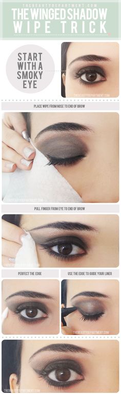 Winged Shadow Wipe Trick Smokey Eyes Tutorial, Eyeshadow Tutorial For Beginners, Drag Make-up, Makeup Tip, Makeup Wipes, Winter Makeup, The Beauty Department, Makeup Tricks, Makeup Tutorial For Beginners