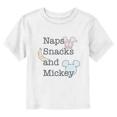 Who knew that dressing "mousey" could be so cute!? Celebrate Walt Disney's most iconic character with this officially licensed Disney Mickey Mouse & Friends Naps Snacks Mice Toddlers' Graphic T-shirt! This adorable tee features the text: "Naps Snacks and Mickey," with the classic Mickey logo, an alarm clock, and a banana colored in pastel colors across the front. Grab some new Mickey Mouse & Friends apparel for the youngest member of the family and make your next trip to the Disney parks a memor Mickey Logo, New Mickey Mouse, Bear Girl, Movies Outfit, Graphic Tee Design, Mickey Mouse And Friends, Toddler Boy Outfits, Top Graphic Tees, Disney Girls