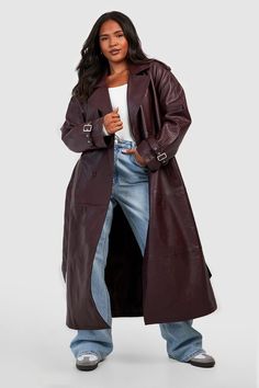 Womens Plus Double Breast Faux Leather Maxi Trench Coat - Red - 18 - You've found your new closet staple with this plus size coat. It's super comfortable, providing warmth, but also breathability, making it perfect for layering. Our plus size jackets for women are cut with extra room on the body and shoulders, and deeper armholes, so you can look and feel your best, without worrying about the fit. Get a more defined shape with this coat, that cinches at the waist, and is flexible enough to move Long Leather Jacket Outfit, Plus Size Jackets For Women, Long Leather Jacket, Plus Size Coat, Plus Size Jackets, Short Trench Coat, New Closet, Classic Trench Coat