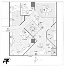 the floor plan for an office with several tables and couches, including a dining area