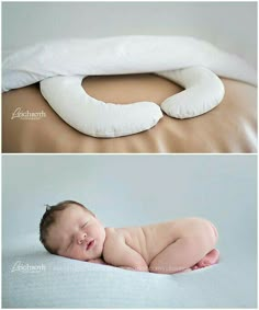 two pictures of a baby sleeping on a pillow