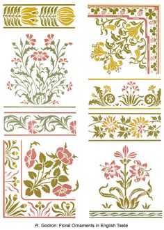 four different designs in the same pattern, one with flowers and leaves on it's sides