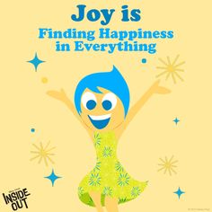 a cartoon character with blue hair and stars in the background, says joy is finding happiness in everything