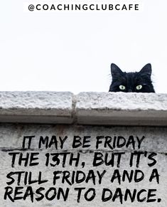 a black cat sitting on top of a cement wall next to a sign that says it may be friday the 13th, but it's still friday and a reason to dance