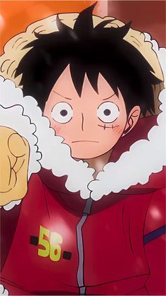 an anime character wearing a red jacket with white fur around his neck and black hair