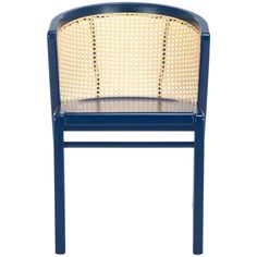 a blue chair with wicker back and seat