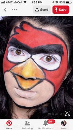 Angry Birds Face Painting, Bird Makeup Ideas, Funny Makeup Ideas, Funny Face Painting, Funny Face Paint Ideas, Funny Makeup Looks, Face Paint Ideas For Teens, Funny Face Paint, Red Face Paint