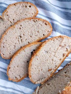 slices of bread sitting on top of a blue and white towel