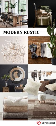 a collage of modern rustic furniture and decor