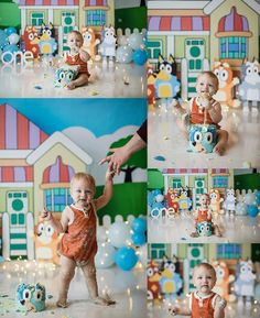 a baby in an orange bodysuit playing with balloons