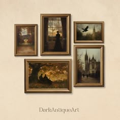 four paintings hanging on a wall with the words dark artiqueart above them in gold frames