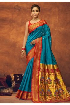 Silk paithani Saree with blouse in Sky blue colour 42001 Sky Blue Colour, Navy Blue Colour, Saree Blouses Designs, Paithani Saree, Blouses Designs, Sarees Silk, Navy Blue Fabric, Saree Blouses, Bridal Sarees