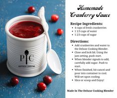 a recipe for cranberry sauce in a white cup