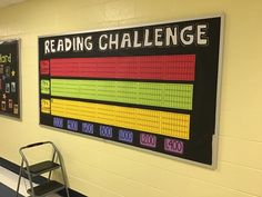 a classroom wall with a ladder and reading challenge sign hanging on it's side