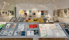 a room with many books on display in it