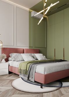 a bedroom with a bed, nightstands and lamps on either side of the bed