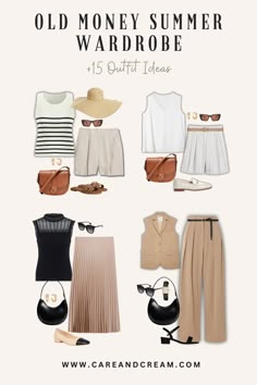 Upgrade your summer look with our Old Money Summer Capsule Wardrobe! We've put together 15 elegant outfit ideas that will awaken your old money style with a mix of 25+ chic summer essentials. Feel confident owning your aesthetic this summer with the relaxed yet refined old money summer style. These outfit ideas are truly an inspiration for crafting your timeless capsule wardrobe. Plus: old money look, old money summer outfits, quiet luxury. Classic Timeless Summer Outfits, Summer Style Old Money, Women Old Money Style Summer, Old Money Spring Capsule Wardrobe, Old Money Vacation Outfit, Old Money Capsule Wardrobe Summer, Old Money Outfit Women Summer Dress, Summer Old Money Outfits, Summer Outfits Old Money