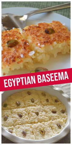 two different types of food on plates with the words egyptian basema in red and white