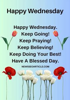 some red and white flowers are in front of a blue background with the words happy wednesday