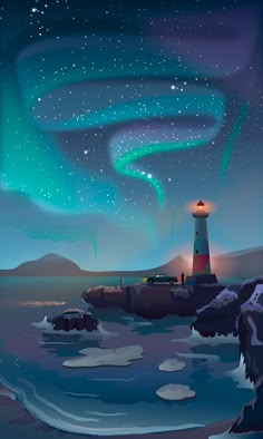 a lighthouse with an aurora light in the sky above it and ice floes floating on the water