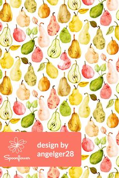 a pattern with watercolor pears and other fruit on it, the words design by angel