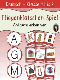 a german language flash card game with pictures and words to spell out the letter's name