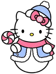 a hello kitty holding a candy cane in her hand and wearing a winter outfit with a bow on it's head