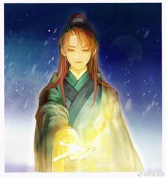 an anime character with long red hair wearing a kimono and holding his hand out