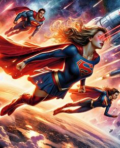 a woman flying through the air while surrounded by other women in superman movie outfits and capes