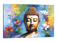 a painting of a buddha statue surrounded by flowers