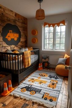 a child's bedroom with construction themed decor and orange accents on the walls, along with an area rug