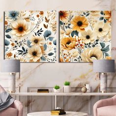 two floral paintings on the wall in a living room