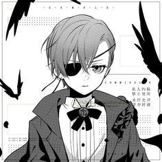 an anime character with glasses and a bow tie, standing in front of some birds