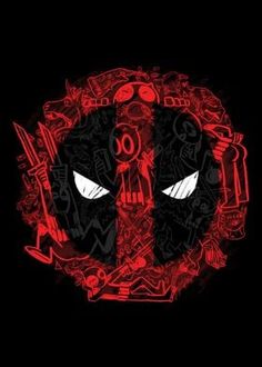 the deadpool logo is shown in red and black, with many symbols around it