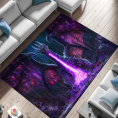 a living room area rug with an image of a dragon on the floor and purple light coming from it