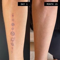 two pictures showing the same tattoo on each arm and one with an image of planets