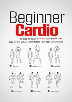 the beginner cardio workout guide is shown in red and black, with instructions to do