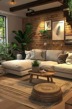 a living room filled with lots of furniture next to a brick wall and potted plants