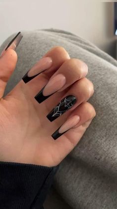 Black French Tips Halloween Nails, Black Acrylic Nails Coffin Spider Web, Black Spider Web Nails Coffin, Black Acrylic Halloween Nails, Black Nails Acrylic Spider Web, Black French Tip Nails Spider Web, Black Gel Nail Designs Coffin, Black French Tip Spider Web Nails, Black Halloween Nails Spider Webs