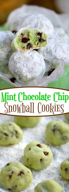 mint chocolate chip snowball cookies on a plate with the title overlay reading mini chocolate chip snowball cookies