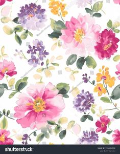 watercolor floral pattern with pink, yellow and purple flowers on a white background stock photo