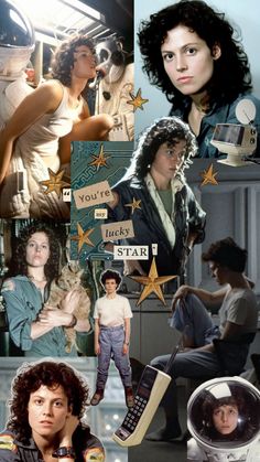 the collage shows many different people in space and one woman with a cell phone